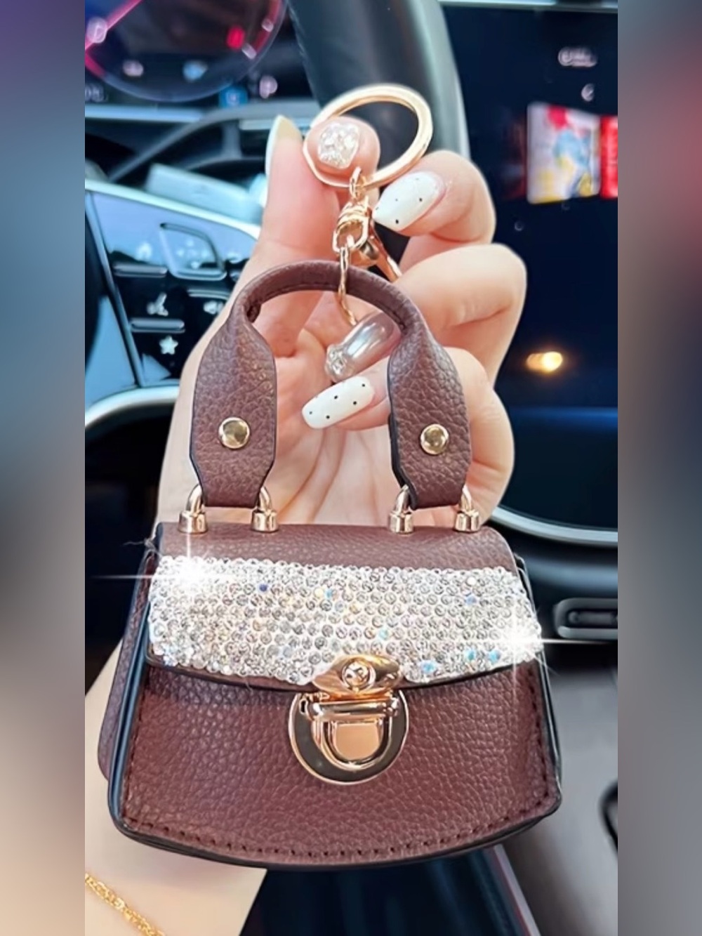 Crystal Accent Mini Brown Handbag Keychain - Fashion Charm